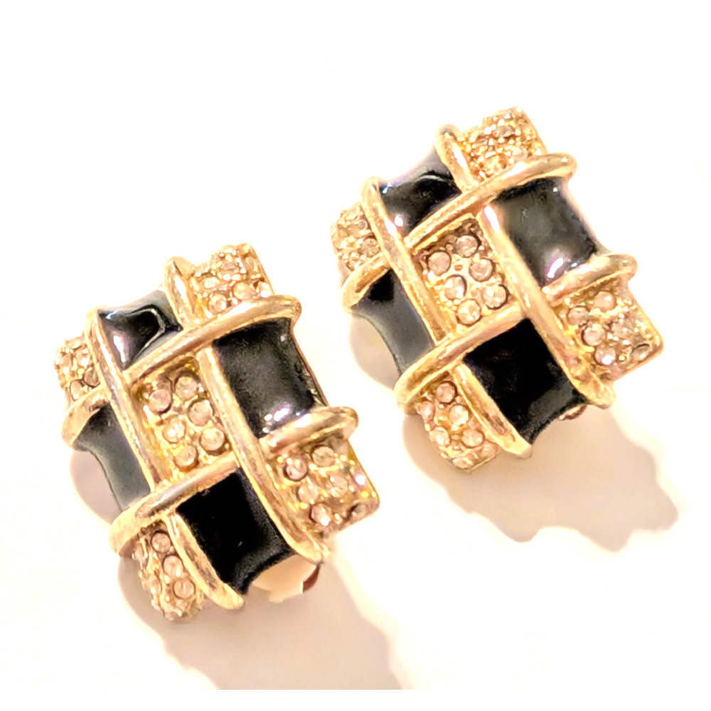 Vintage Rhinestone Clip-on Earrings Black Gold-tone Statement Checkerboard bc-58